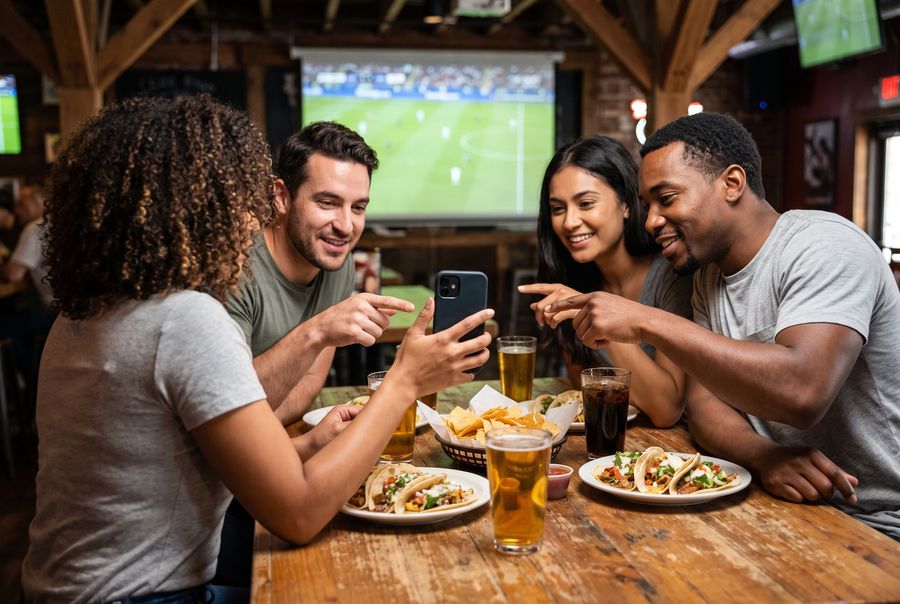 Four friends around a table of tacos and drinks, planning their next game on a phone