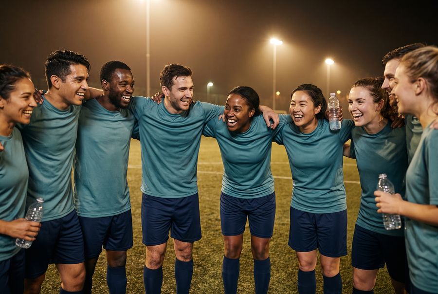 A mixed social soccer team laughing together on a floodlit pitch