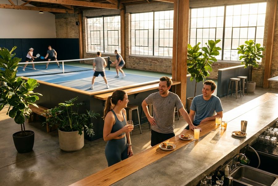 Friends with drinks at a bar counter beside indoor pickleball courts